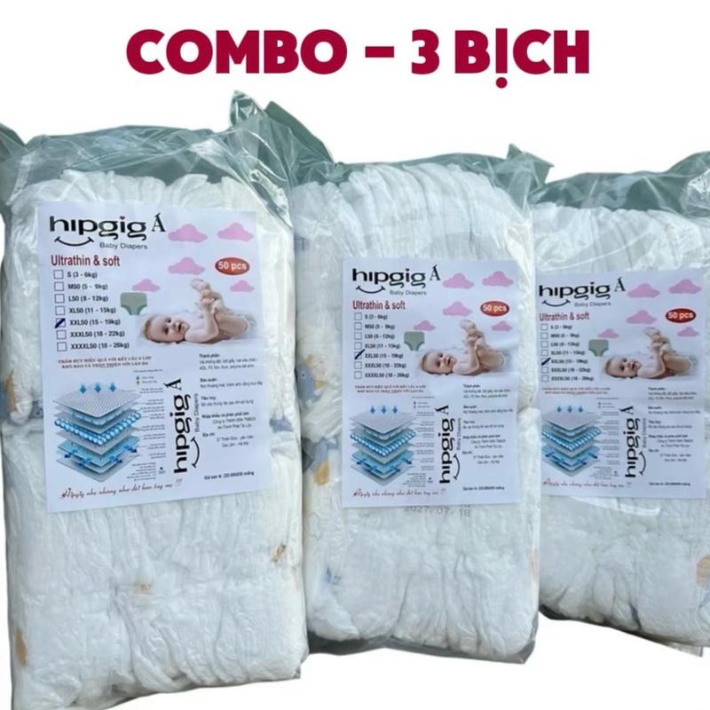 Combo 3 bịch HIPGIG A 150 miếng bỉm Quần hoặc tã dán cho bé đủ Size S/M/L/XL/2XL/3XL - Voi Balo cho bé Women