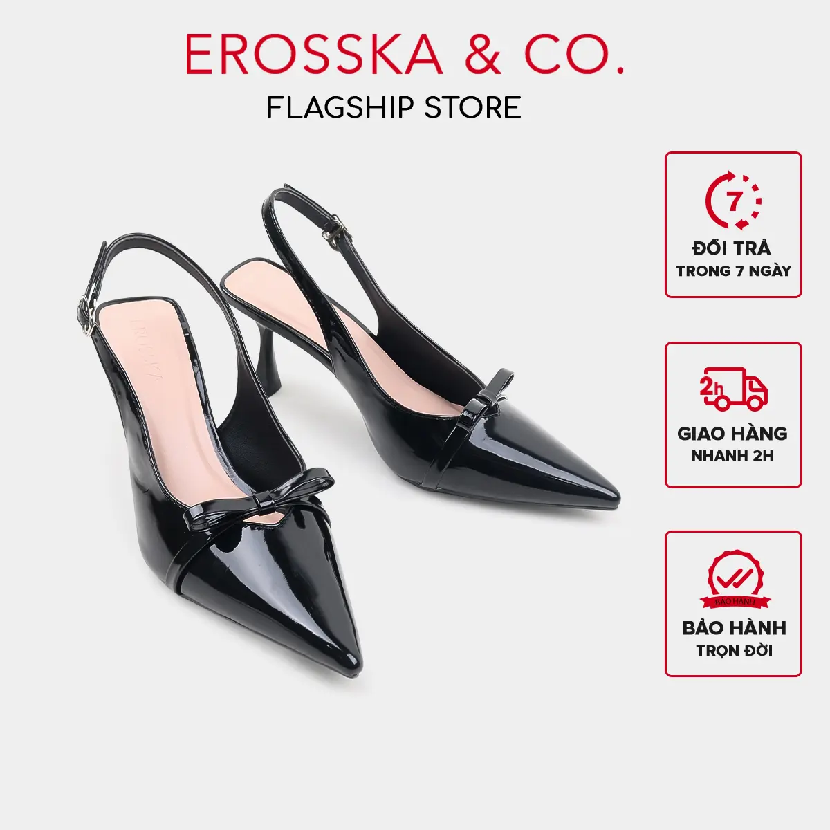 EROSSKA - Giày cao gót nữ mũi nhọn phối nơ thời trang da bóng màu đen cao 7cm - EH044