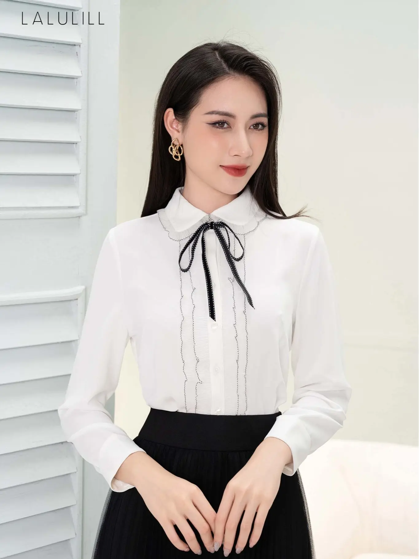 LALULILL Áo sơ mi Nữ cổ sen nẹp kẹp bèo - LSM2261501