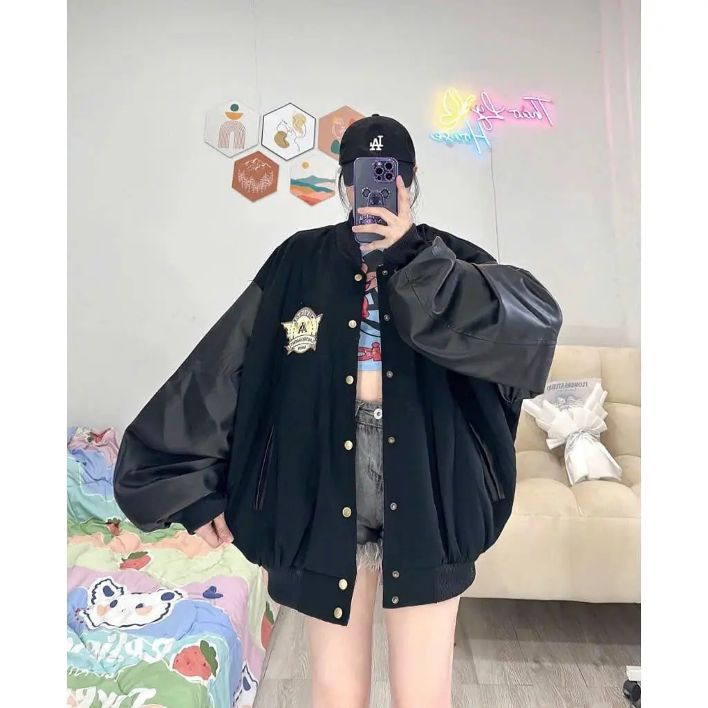 Áo khoác bomber phối tay da chữ A cá tính trẻ trung dáng rộng