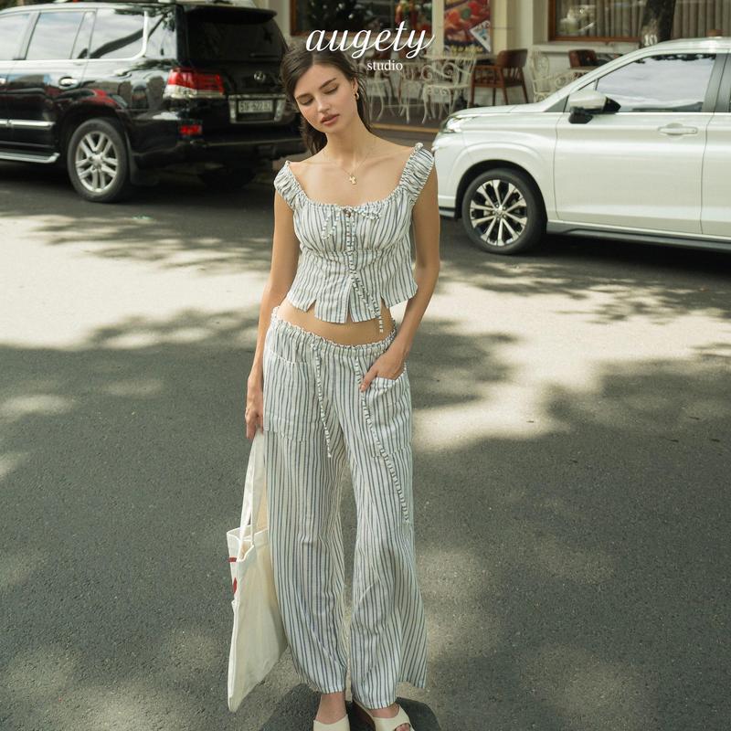 Set Áo Trễ Vai Cài Nút Và Quần Dài Ống Suông Vải Linen Kẻ Sọc, JOSIE SET AUGETY