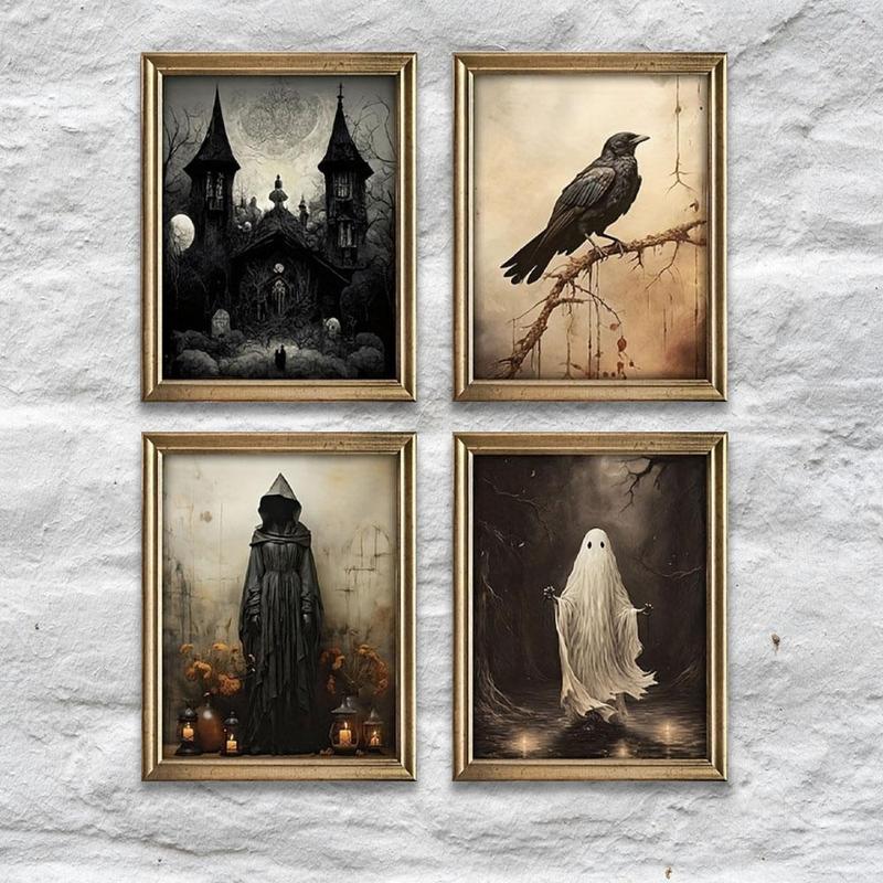 Halloween Themed Unframed Canvas Painting, 1 Count Vintage Style Waterproof Wall Art, Wall Decor for Home Living Room Bedroom 0