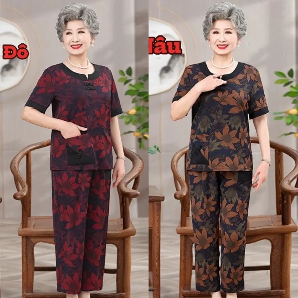 Đồ bộ cho mẹ cho bà B30 lụa mango quần dài, áo cộc Họa Tiết Sang Trọng Hàng Lụa  MỀM MỊM MÁT