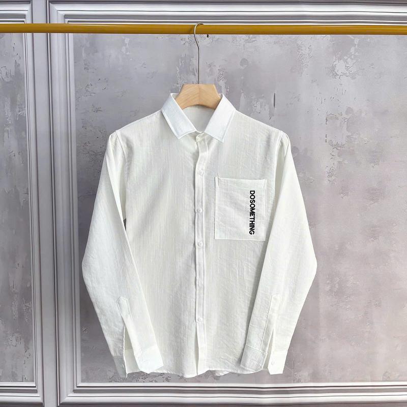 Áo Sơ Mi Nam Tay Dài Thêu Chữ Lưng Phối Túi Kiểu Chất Vải Đũi Mềm Mịn Thoáng Mát Menswear Top Shirt 3