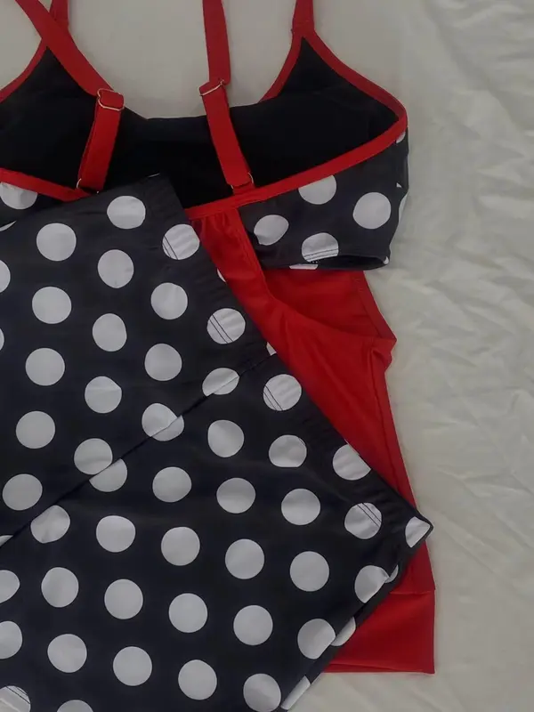 Women's Polka Dot Print Tankini Set, Casual Adjustable Strap Swim Cami Top & Swim Shorts, Ladies Swimsuit for Beach Holiday Vacation 4