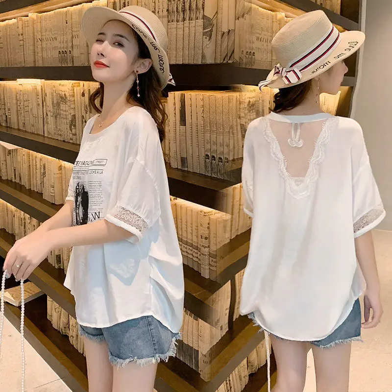 Áo Thun Mùa hè Phong Cách Hàn Quốc, Ngoại Cỡ (100,00kg), Dáng Rộng Vừa Vặn, Ngắn Tay, Có Đường Khâu Ren, Thiết Kế Hở Lưng Lưới, 2024 Nữ Women Top Cổ Tròn