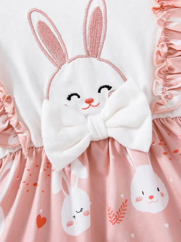 Baby's 2 In 1 Cartoon Rabbit Print Ruffle Trim Long Sleeve Dress, Cute Bow Front Round Neck A Line Dress for Baby Girls, Newborn Infant Kids Spring & Fall Clothes 2