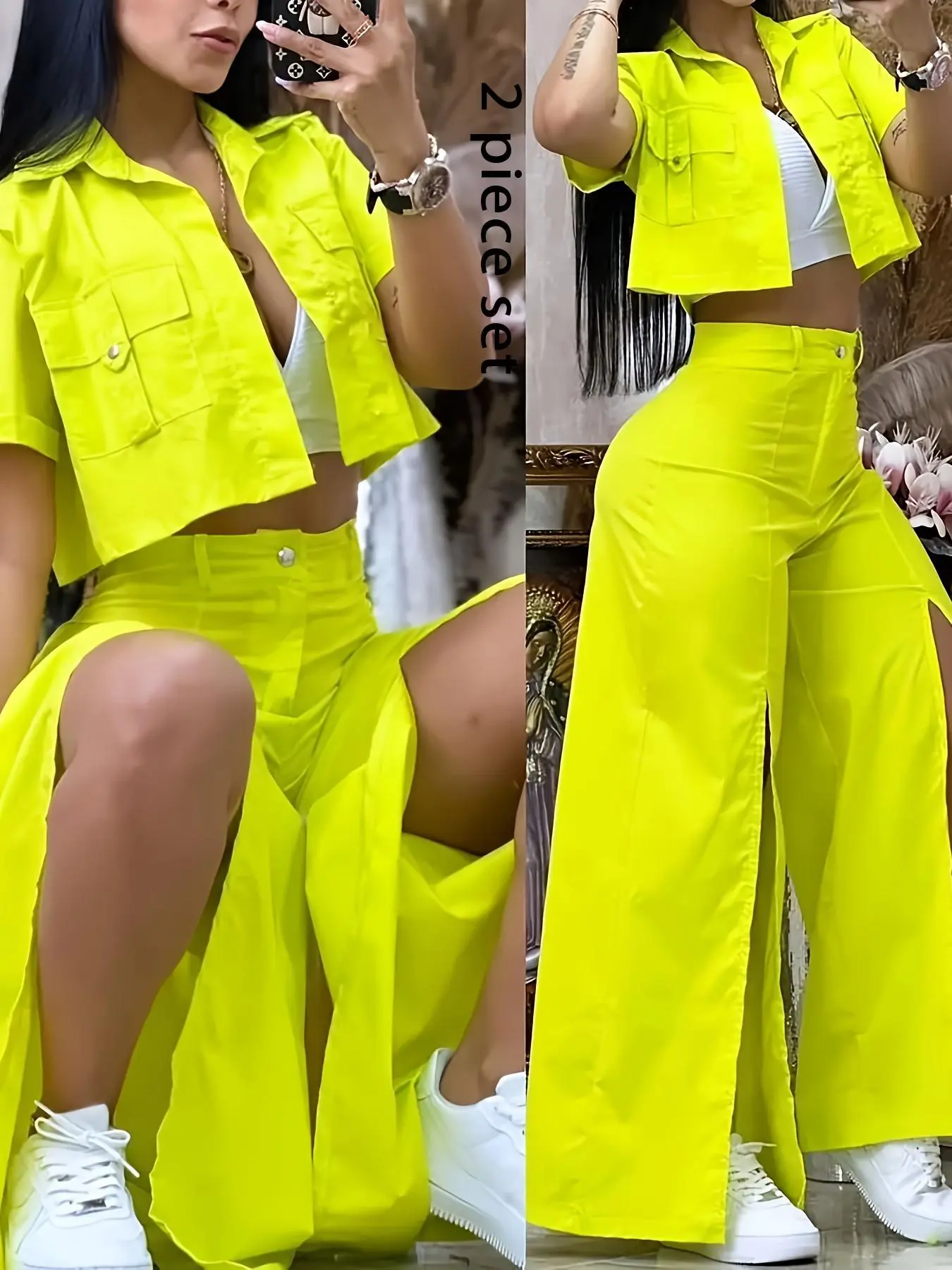 Women's Solid Color Crop Jacket & Wide Leg Pants Set, Casual Fashion Cozy Breathable Two-piece Set  for Daily Outdoor Wear, Ladies Clothes for Summer