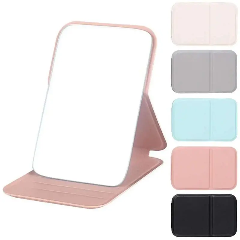 Desktop Solid Color PU Leather Simple Portable Handheld Makeup Foldable Student Compact Cute Pocket Mirror