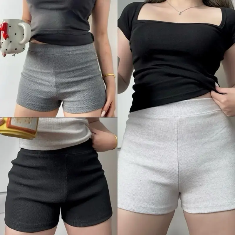￼COMBO 3 QUẦN Đùi Short Lưng Cao Vải Gân Co Dãn, Quần đùi dáng ôm tôn dáng có (đen-ghi-tàn)