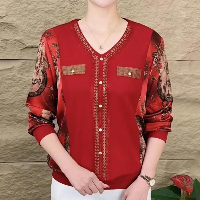 Áo Thun Đồ Ngủ Dài Cao Cấp Cổ Chữ V, Dành Cho Nữ, Đính Đá, Che Bụng, Bó Sát, Áo In Họa Tiết, Thích Hợp Cho Các Bà Mẹ Cỡ Trung Bình Mùa Thu Năm 2025 Hàng Mới Về 7