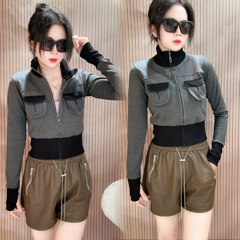 Áo Khoác Nữ Cổ Trụ Dáng Croptop Ôm Gọn - Vải Thun PC GEN  Dày Dặn Mịn Mát  - 2 Túi Trong Women Jacket Nhung 2