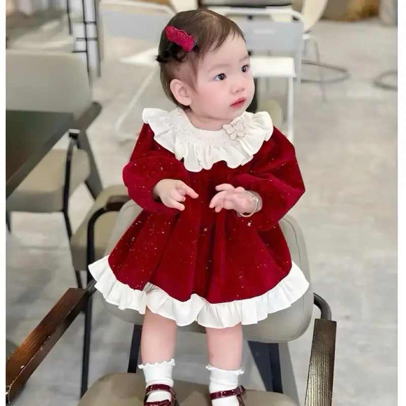 (7-17kg) váy công chúa nhung kim tuyến phối bèo +tag bướm điệu đà cho bé 0