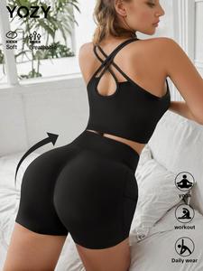 YOZY-GOOO Women's Solid Criss Cross Backless Top & High Waist Shorts Two-piece Set, Sporty Scoop Neck Sleeveless Top & Skinny Shorts, Ladies Sportswear for Indoor Outdoor Wear