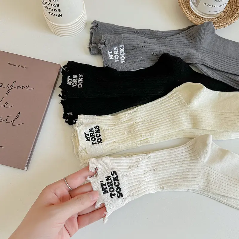 Tất Thêu, Phong Cách Đường Phố Hợp Xu hướng Phong Cách Hàn Quốc, Chất Liệu Cotton Nguyên Chất, Ống Giữa, Dành Cho Nữ, Có Lỗ Women 4