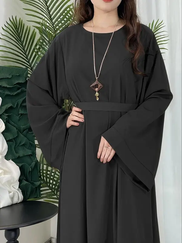 Women's Plain Belted Flounce Sleeve Dress without Necklace, Casual Long Sleeve Round Neck Long Dress for Daily Wear, Ladies Clothes for All Seasons, Classy Modest Dresses 5