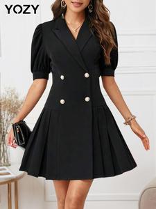 YOZY Women's Solid Double Button Pleated Lapel Neck Blazer Dress, Elegant Short Sleeve Dress for Work Office Business, Ladies Clothes for All Seasons