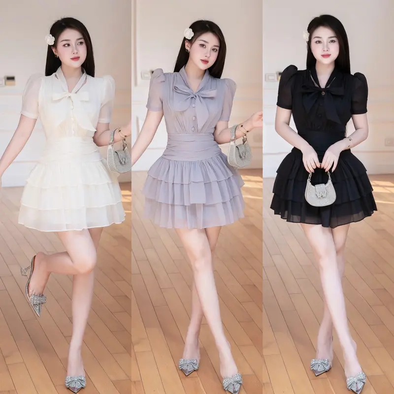 Lali_váy tơ xốp xoè tầng buộc nơ cổ cúc bọc sang chảnh_Ll060 0