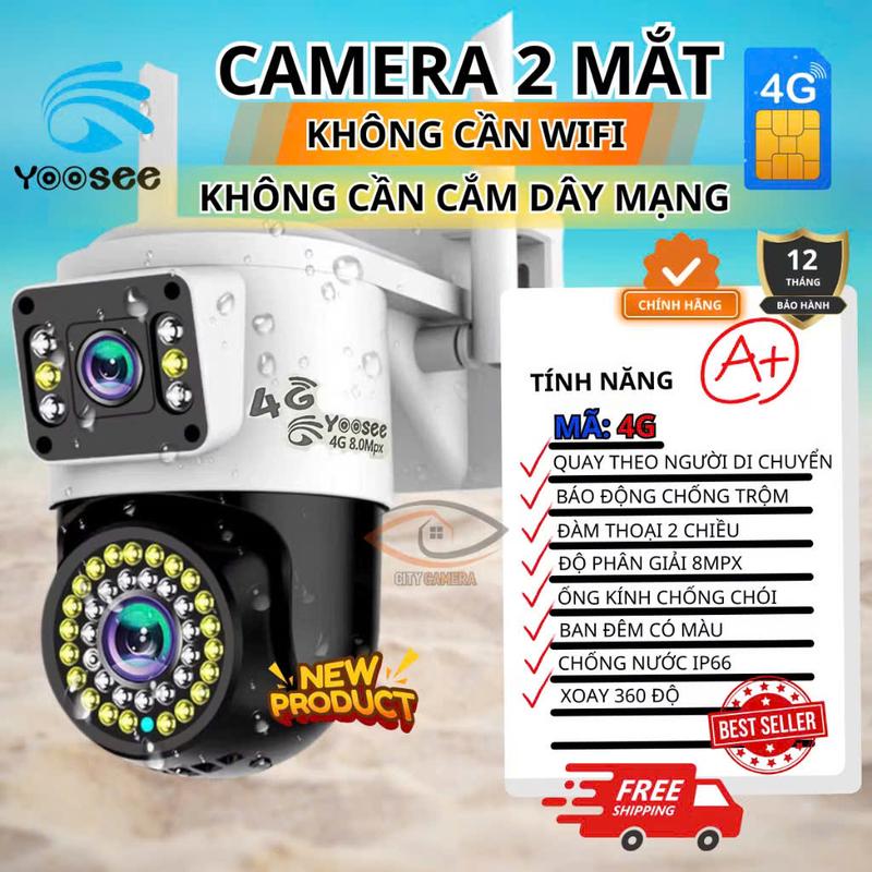 [Tặng Kèm Sim] Camera Yoosee Sử Dụng Sim 4G, Tích hợp sẵn sim 4G bên trong camera, 2 Mắt Ngoài Trời Chống nước, báo động chống trộm