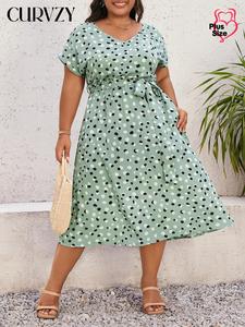 CURVZY Plus Size  All Over Print Belted Batwing Sleeve Dress, Casual V Neck Short Sleeve A Line Dress for Daily Wear, Women's Plus Clothing for All Seasons