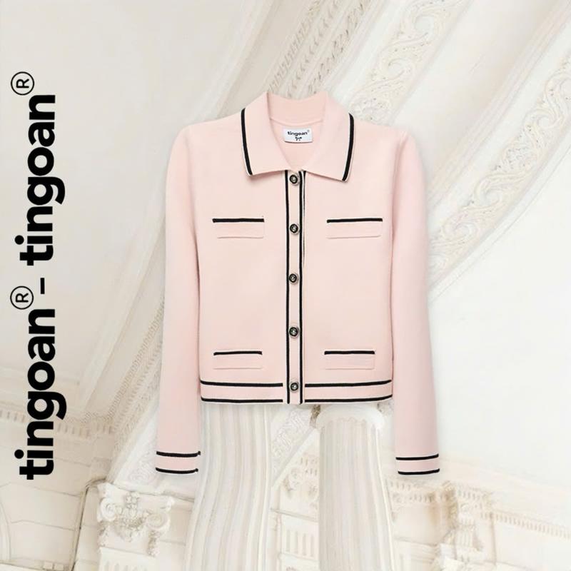 TINGOAN - Áo len xù cardigan cổ bẻ dáng lửng hồng phối đường viền đen LILY ROSE JACKET PK