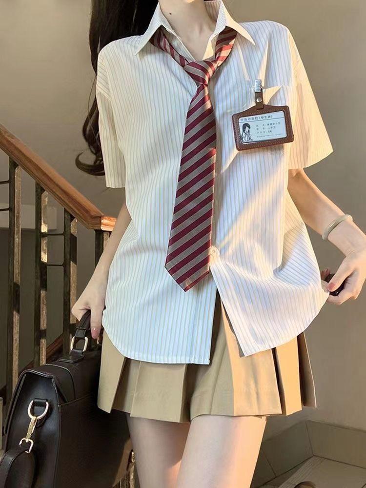 Product Introduction of Three-Piece Summer New Japanese College JK Striped Shirt Short Sleeve Student All-Matching Pleated Skirt Anti-Aging Outfits 29