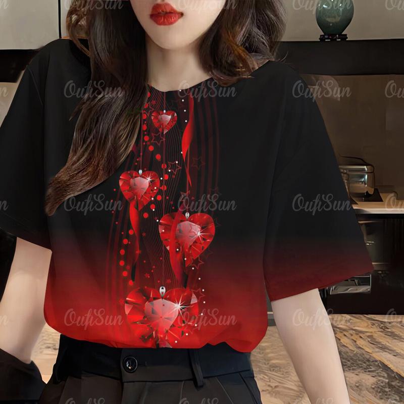 Áo Thun Ngắn Tay, Cổ Tròn, In 3D, In Hình Trái Tim, Phong Cách Cổ Điển, Thời Trang, Dành Cho Nữ Women Top aothun  phomrong 3