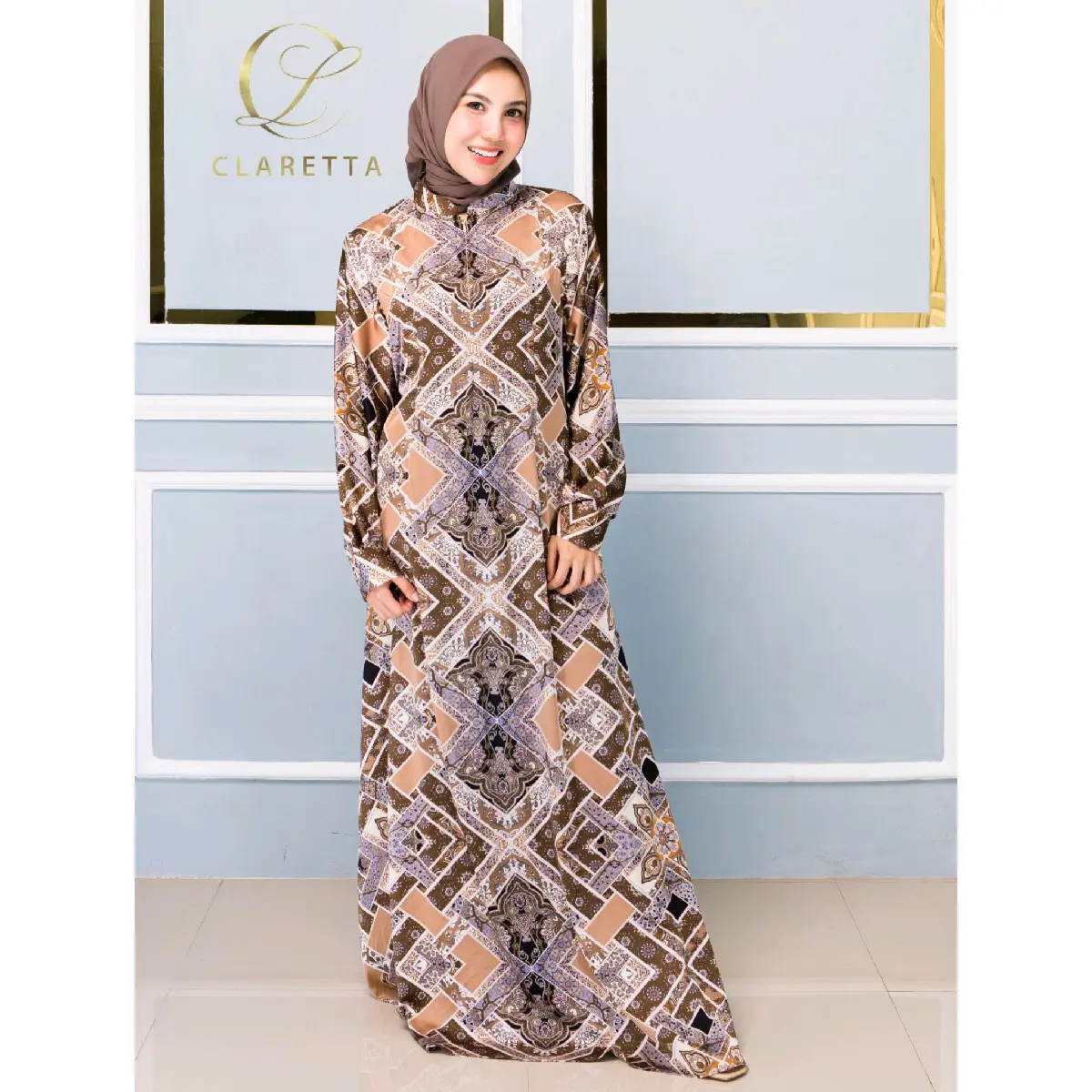 Gamis Wanita Corak Coklat Putih