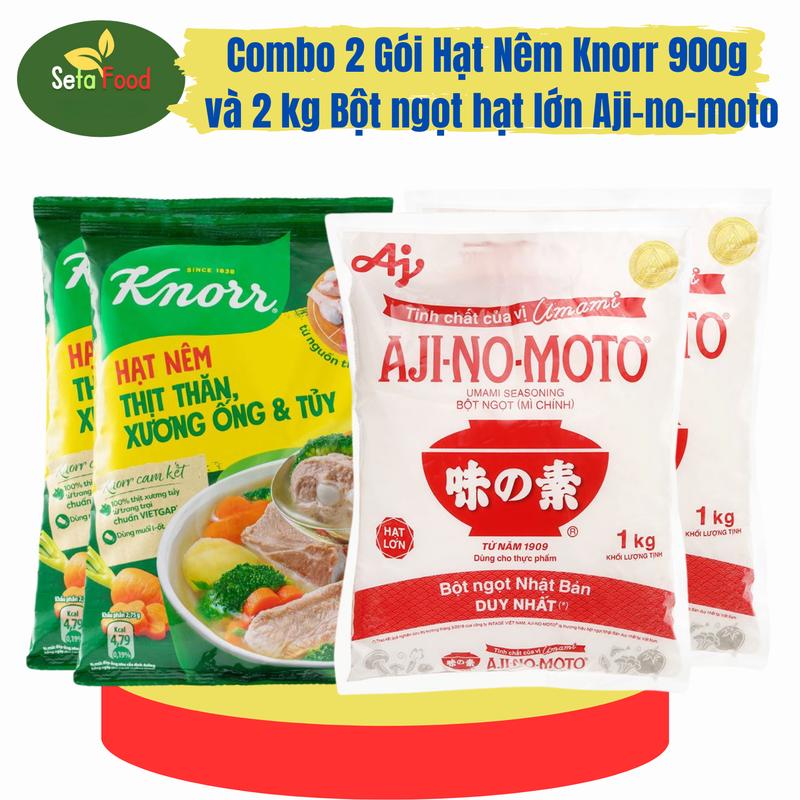 GIÁ ƯU ĐÃI Combo 2 gói hạt nêm Knorr thịt thăn xương ống tủy 900g và 2 gói bột ngọt hạt lớn Ajinomoto mỗi gói 1 kg