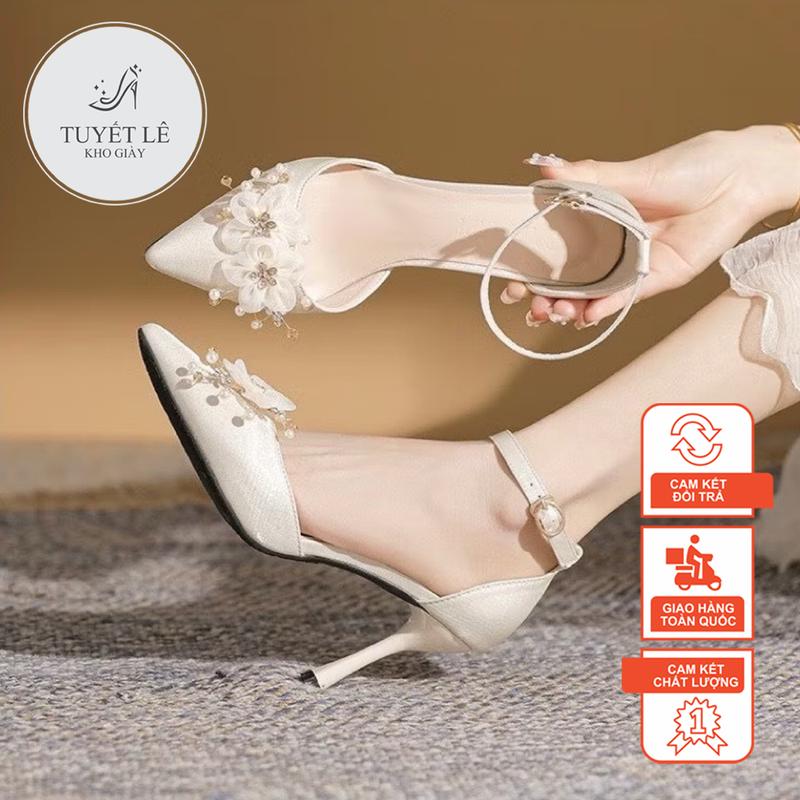 GIÀY CAO GÓT NỮ SANG CHẢNH SG08 - 8p - GIÀY CƯỚI CÔ DÂU ĐÍNH HOA - GIÀY BÍT MŨI CÀI QUAI TIỂU THƯ DéP Nhung Shoes