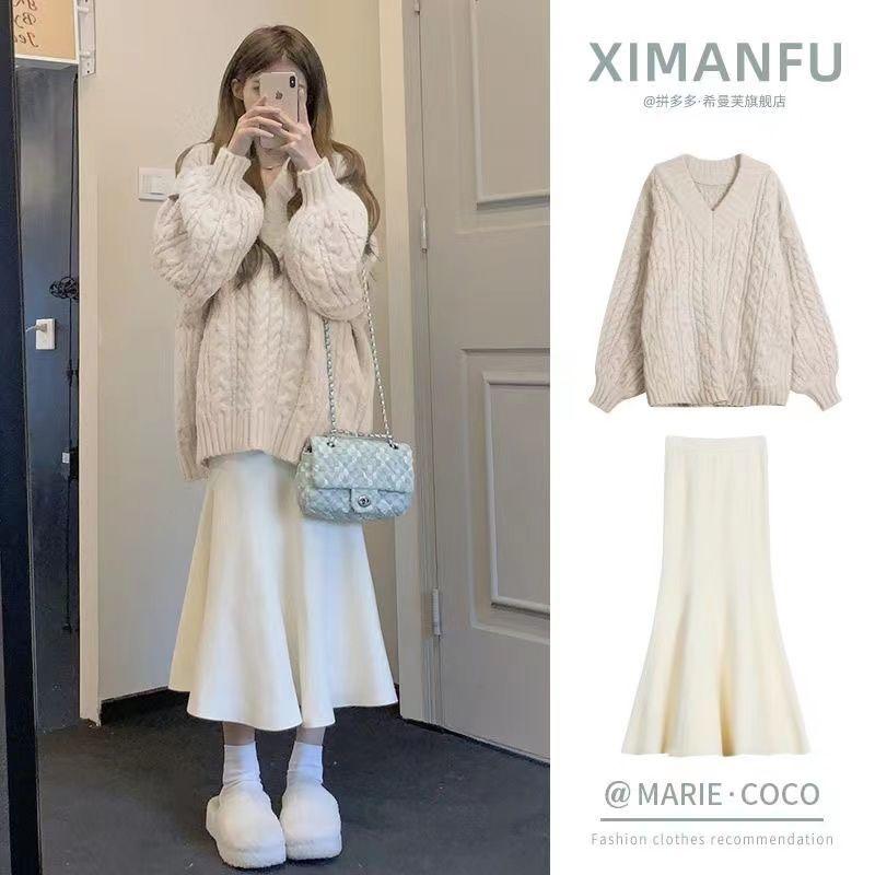 Product Introduction of Bộ Đồ Áo Len Dệt Kim, Phong Cách Nhẹ Nhàng, Dành Cho Nữ, Mùa Thu Và Mùa Đông, Phong Cách Hàn Quốc Mới, Váy Đuôi Cá Bó Sát Giấu Flab, Bộ Đồ Hai Mảnh 10