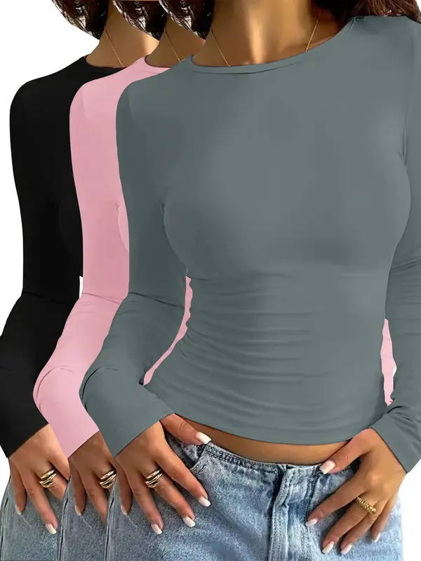 Women's Solid Long Sleeve Round Neck Tee, Casual Minimalist Basic T-shirt for Daily Wear, Ladies Clothes for All Seasons, Cute Tops, Women's T Shirts 4