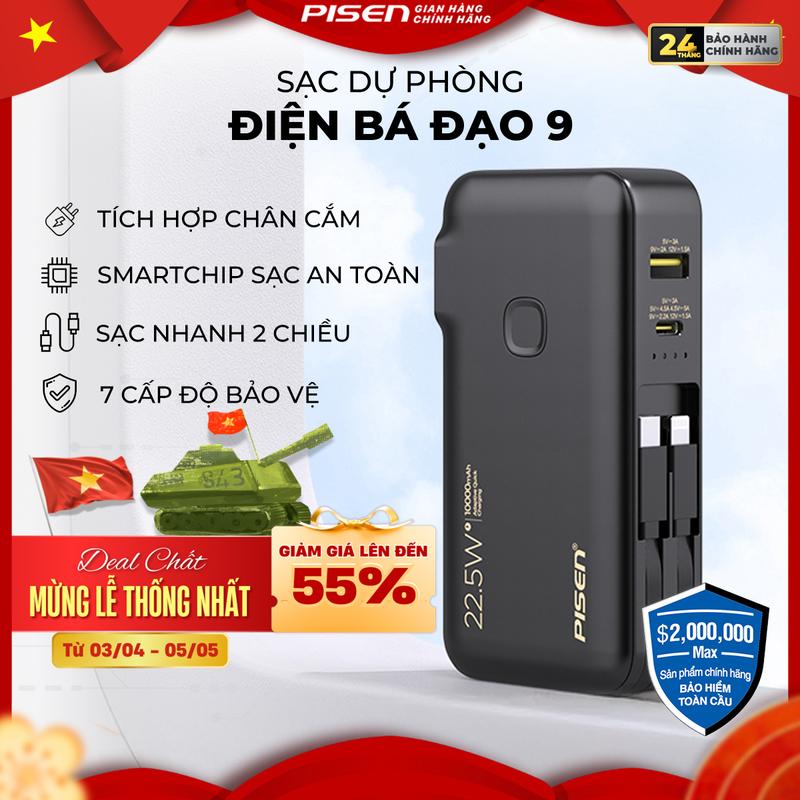 [PISEN] Sạc Dự Phòng Có Chân Cắm Kèm Dây | Sạc Nhanh 22.5W | Sạc An Toàn, Bảo Vệ Máy, Chống Chai Pin, Bỏ Túi, Đi Làm | PISEN QUICK - High Power Box Sạc iP/Android, 22.5W  | TS-D312 | Bảo Hành 18 Tháng 1 Đổi 1  | Bảo Hiểm 2 Triệu Đô Toàn Cầu