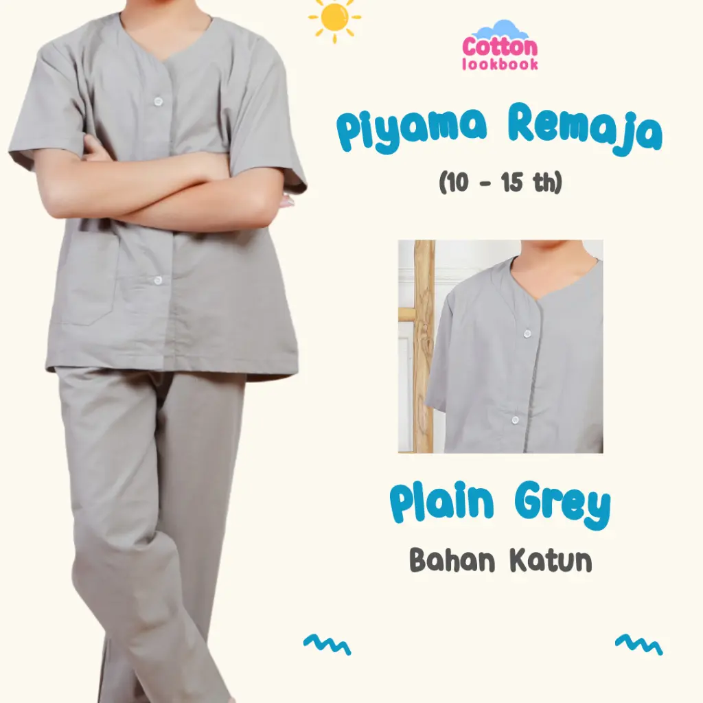 COTTON LOOKBOOK - PIYAMA REMAJA MOTIF POLOS PLAIN GREY 10-15 TAHUN / SMP SIZE XL 10 11 12 13 14 15 TAHUN / BAJU TIDUR MOTIF POLOS PLAIN GREY