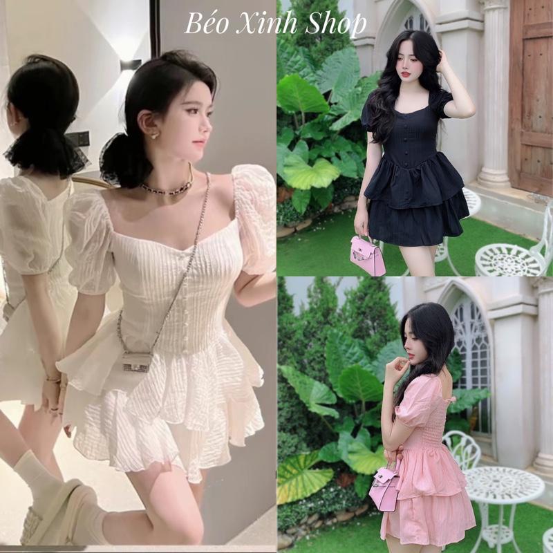 Váy  Dự Tiệc Có Mút Cổ Vuông Trễ Vai Tay Ngắn Vải Xốp Nhật Bigsize 50-100kg Nữ Dress Voan Đầm Women Đen - A.1304