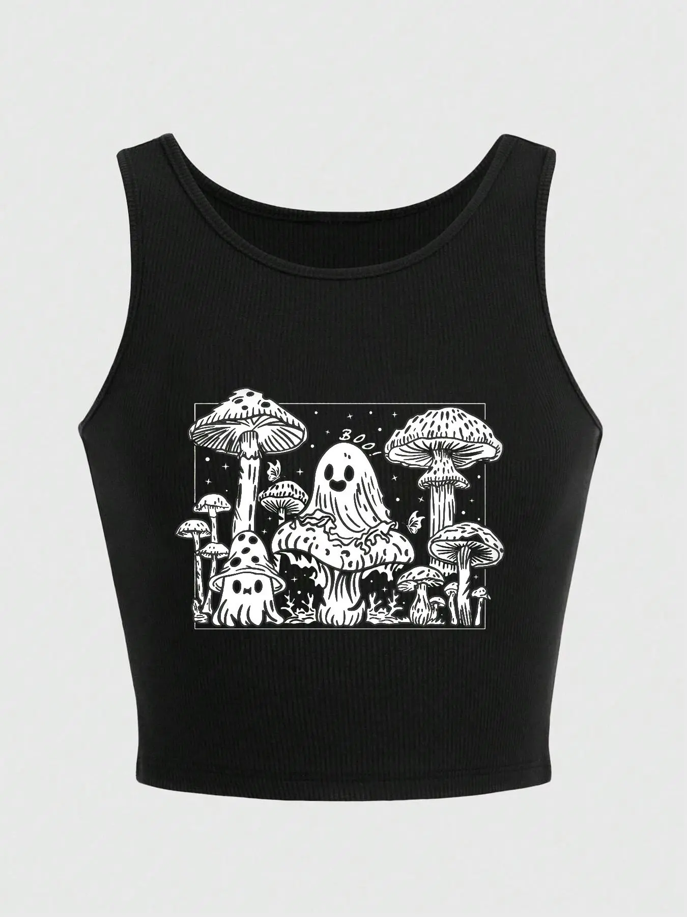 Women's Cartoon Mushroom Print Scoop Neck Tank Top, Casual Sleeveless Ribbed Top for Daily Wear, Ladies Clothes for All Seasons