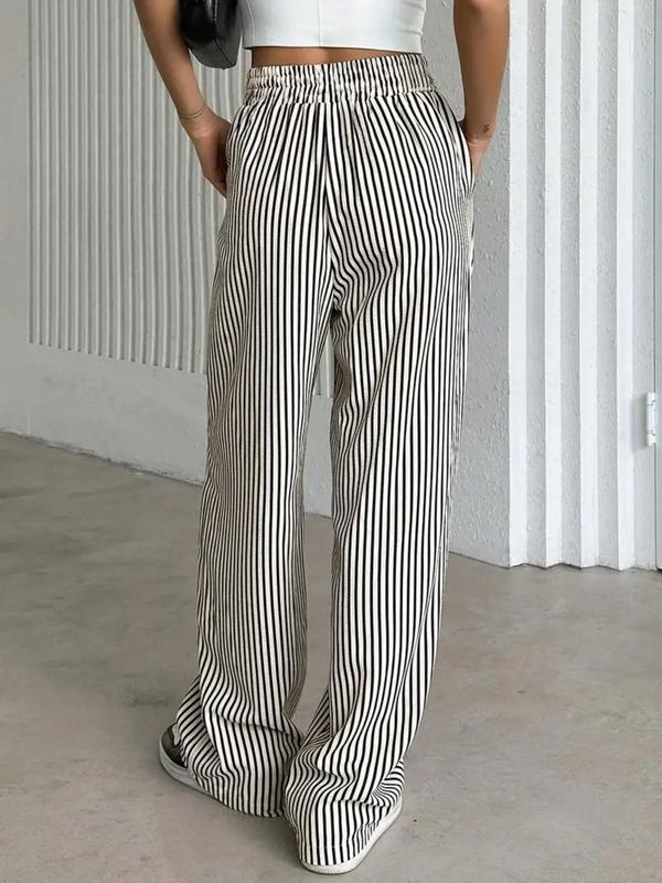 Women's Striped Print Drawstring Waist Wide Leg Pants, Casual Pocket Trousers for Summer, Women's Bottoms for Daily Wear, Trousers for Women 1