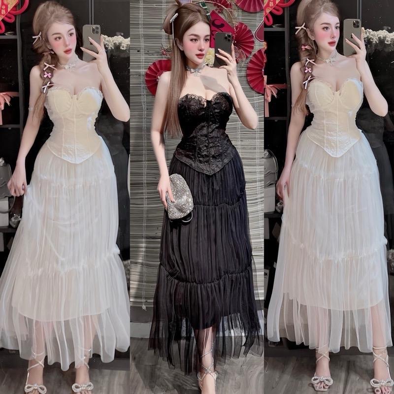 ￼Set Áo Cúp Ngực Corset Ren Gấm Croptop Vạt Nhọn + Chân Váy Lưới Xoè Có Lót Quần Váy Cực Sang Chảnh Nữ Women Trắng Viền Ren