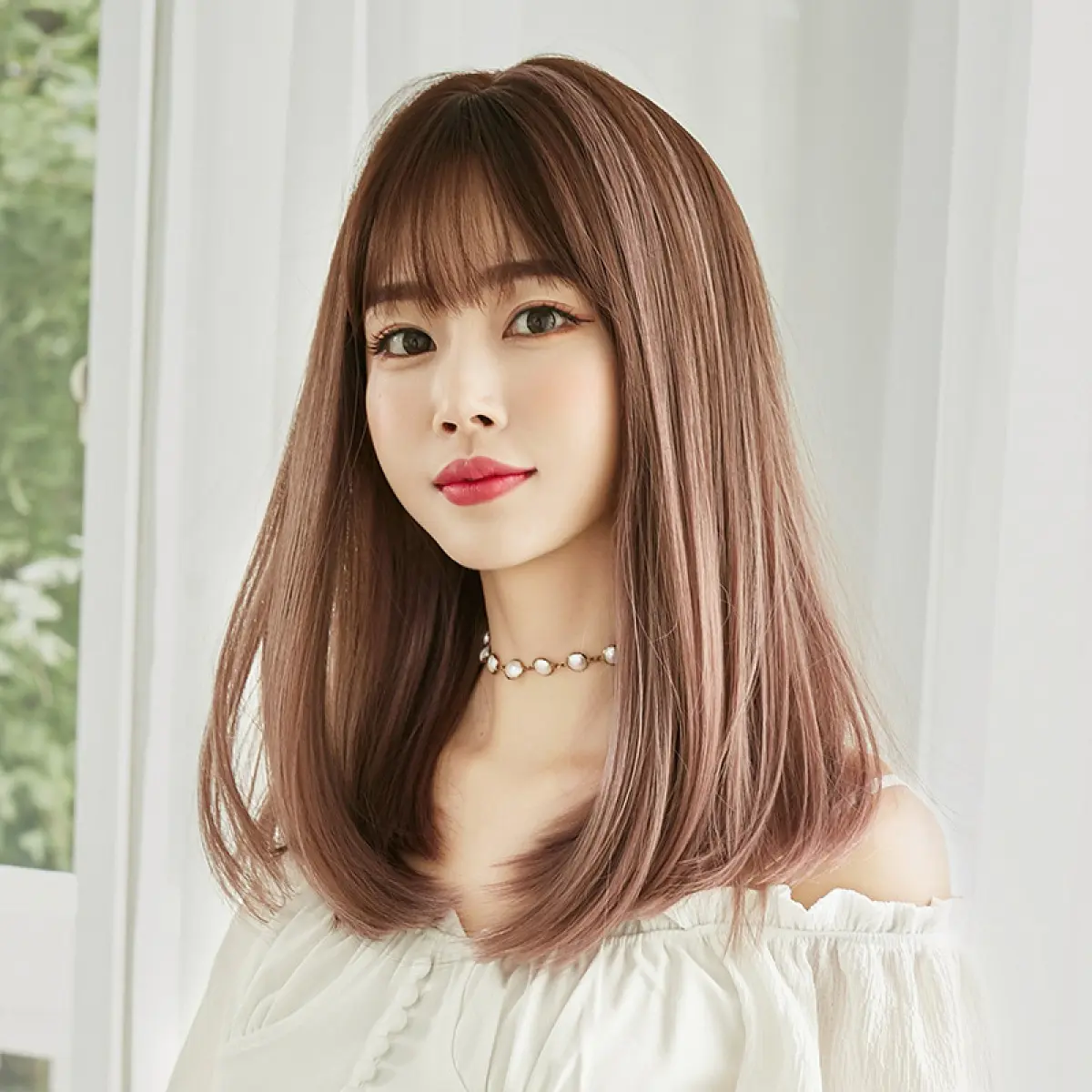 46CM new wig women's chocolate gradient pink brown hair gradient fashion long straight hair set air bangs synthetic headband