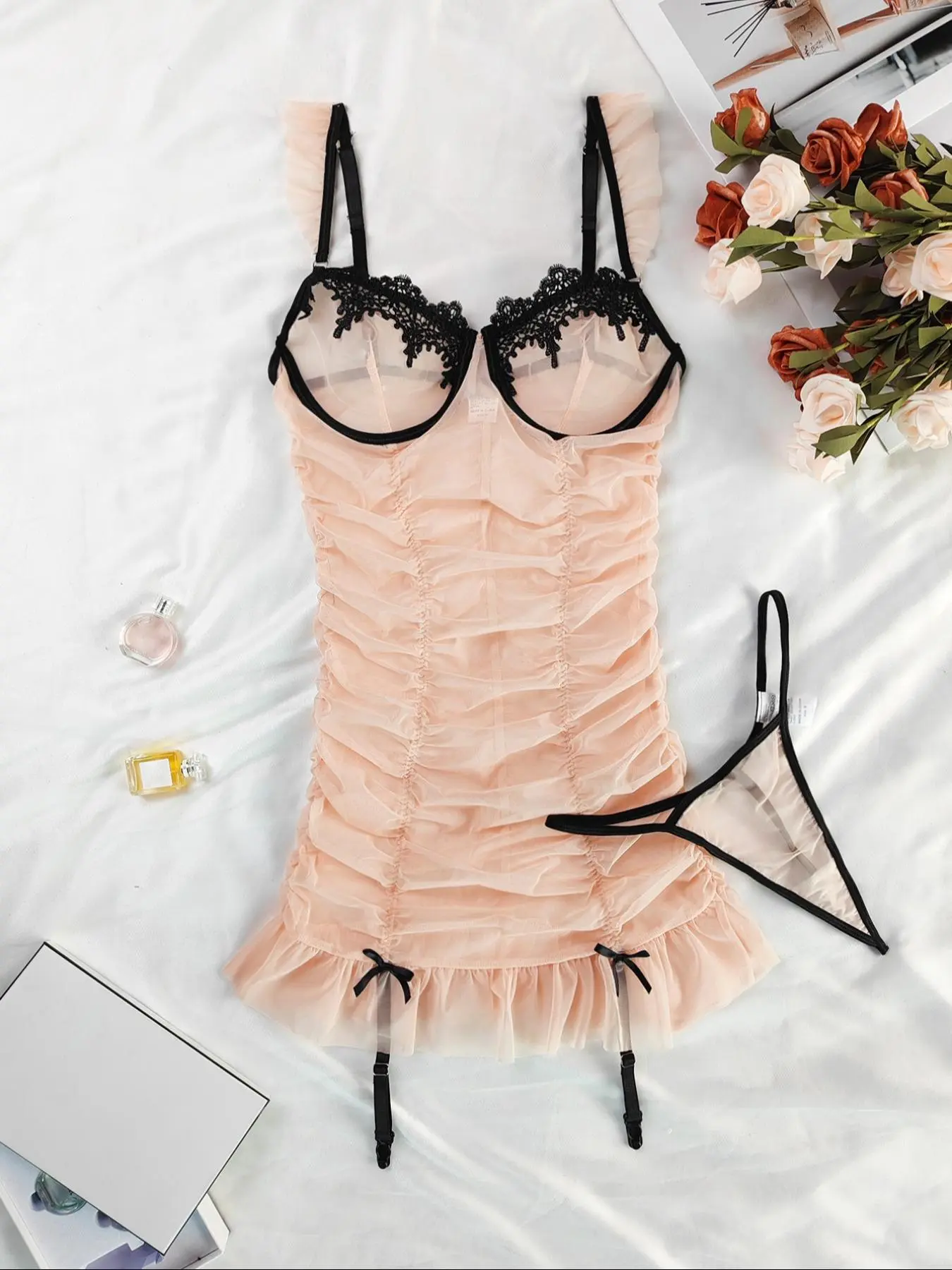Women's Contrast Binding Mesh Nightdress & Thong Sleepwear Two-piece Set, Romantic Nightgown & Panty Set, Ladies Sleepwear for All Seasons