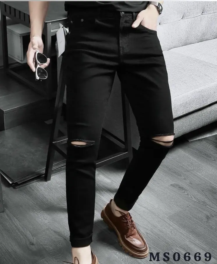 Quần Jean Nam Đen Trơn Rách Gối Co Giãn Tốt Mẫu Mới vải dày mềm Cotton Pants Có Túi MS669- Pants Menswear