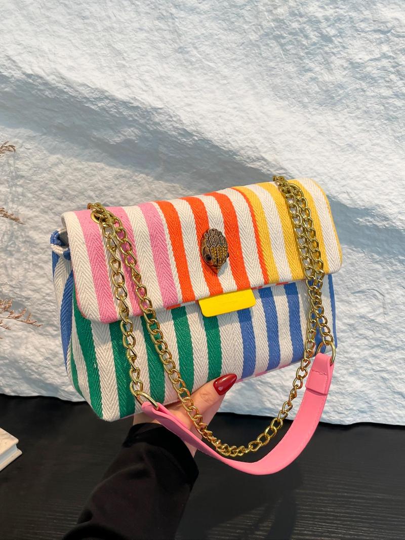 Product Introduction of Women's Fashionable Colorful Striped Pattern Crossbody Bag, Casual Versatile Zipper Shoulder Bag for Daily Used, Trendy All-match Commuter Bag 0