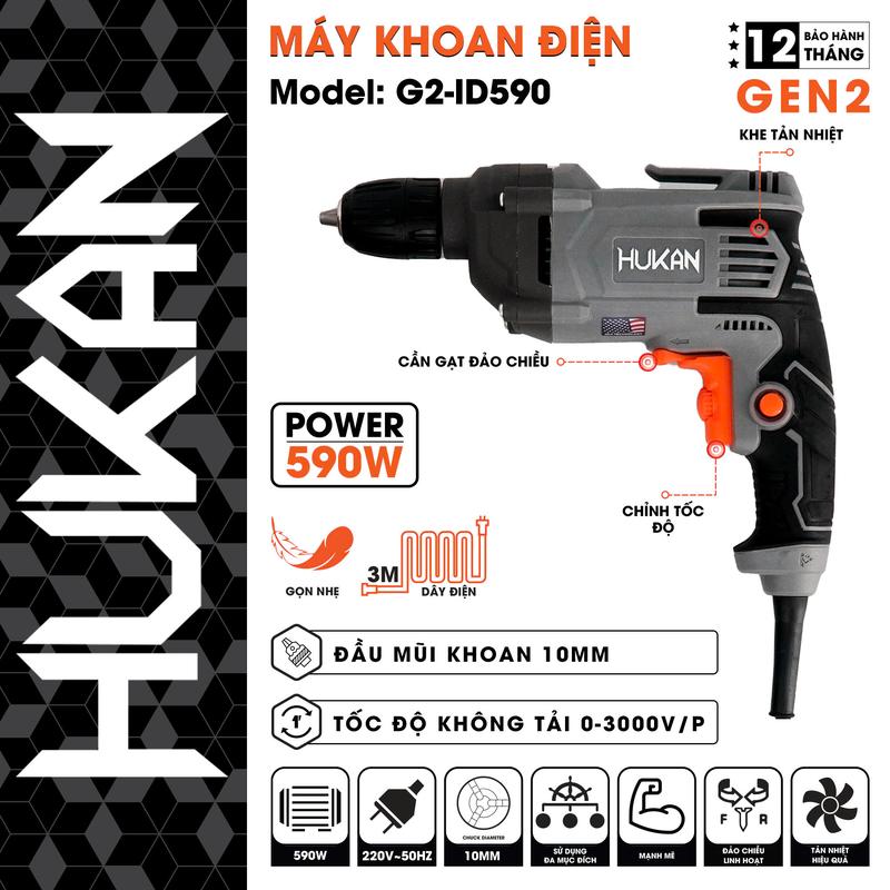 Máy khoan điện Hukan GEN2 ID590, đường kính mũi Ø10mm, công suất 590W, tốc độ không tải 0-3000 V/p, dây 3m, bảo hành 12 tháng