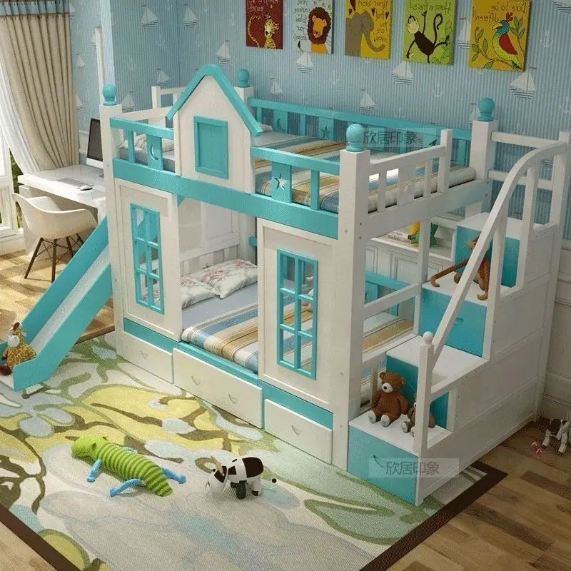 Giường tầng cho bé gái , có cầu trượt , có cửa sổ mở ra đóng vào , có 2 tầng để ngủ , bậc cầu thang có các hộc  kéo đựng đồ , gầm giường có 2 hộc  kéo  , trong giường có kệ đựng  đồ  chơi  , chất liệu gỗ thông cây tự nhiên sơn màu sắc theo yêu cầu .