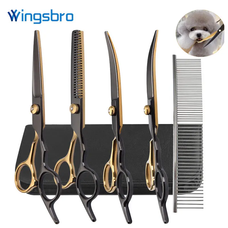 Bộ Cắt Cửa Hàng Thú Cưng, 6.5 inch, Thích Hợp Cho Chó Và Mèo, Được Làm Bằng Thép Không Gỉ, Có Màu Đen Và Vàng, Bao Gồm Cọ Chải Và Kéo