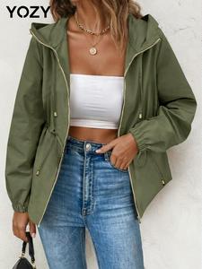 YOZY Women's Solid Drawstring Zip Up Hooded Coat, Casual Long Sleeve Outerwear for Fall & Winter, Ladies Clothes for Daily Wear