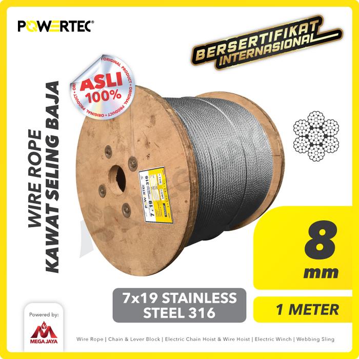 Promo POWERTEC Wire Rope / Kawat Seling Baja 7x19 SS 316 8mm - 1 Meter ...