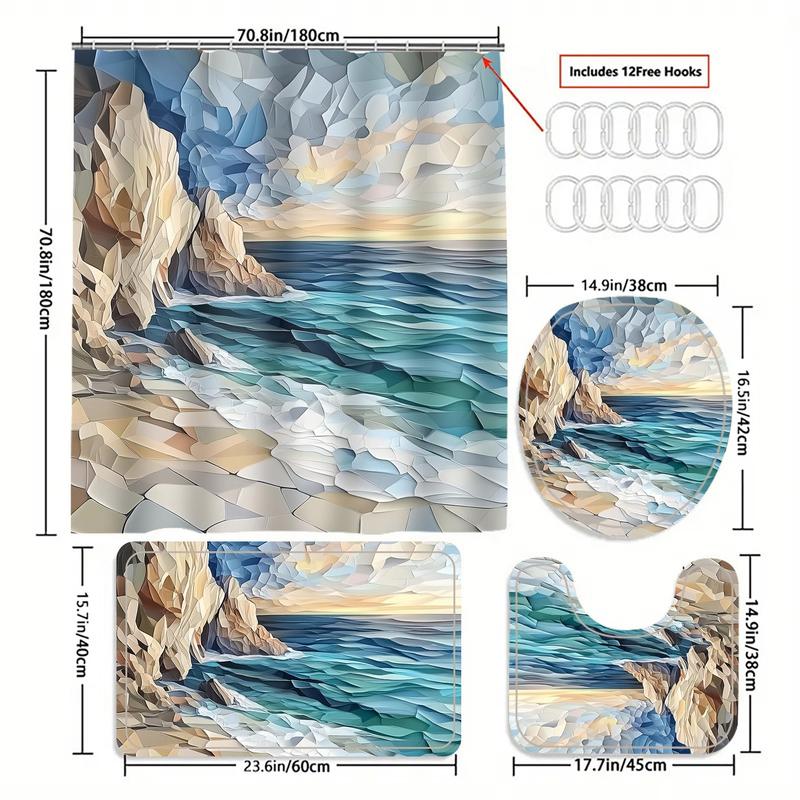 Product Introduction of Oil Painting Sea View Pattern Bathroom Curtain Set, 4 Counts/set Including Shower Curtain & Toilet Lid Cover & Mat, Bathroom Decor Supplies 1