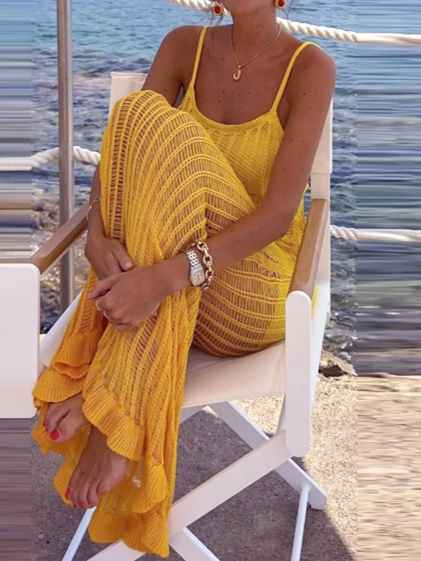 Women's Solid Color  Crochet Knit Sweater Dress, Casual Sleeveless  Long Dress for Summer, Ladies Clothes for Beach Holiday Vacation
