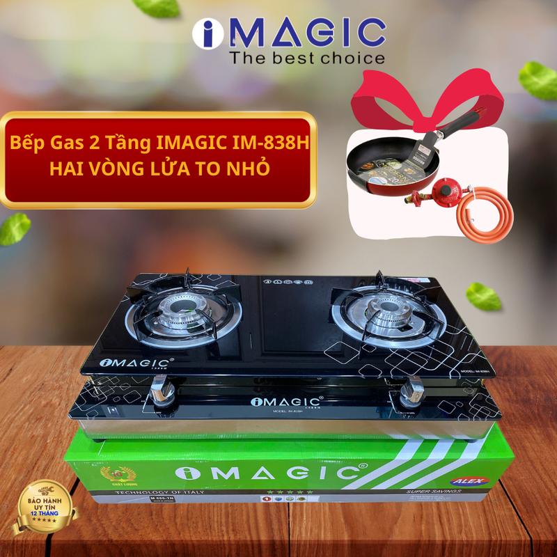 Bếp Gas 2 Tầng  IMAGIC IM 838H HAI VÒNG LỬA TO NHỎ Mặt Kính Cường Lực,Tiết Kiệm Gas, Họng Bếp Đúc Nguyên Khối Mạ TITAN, Mâm Chia Lửa Đúc Nguyên Khối INOX 304